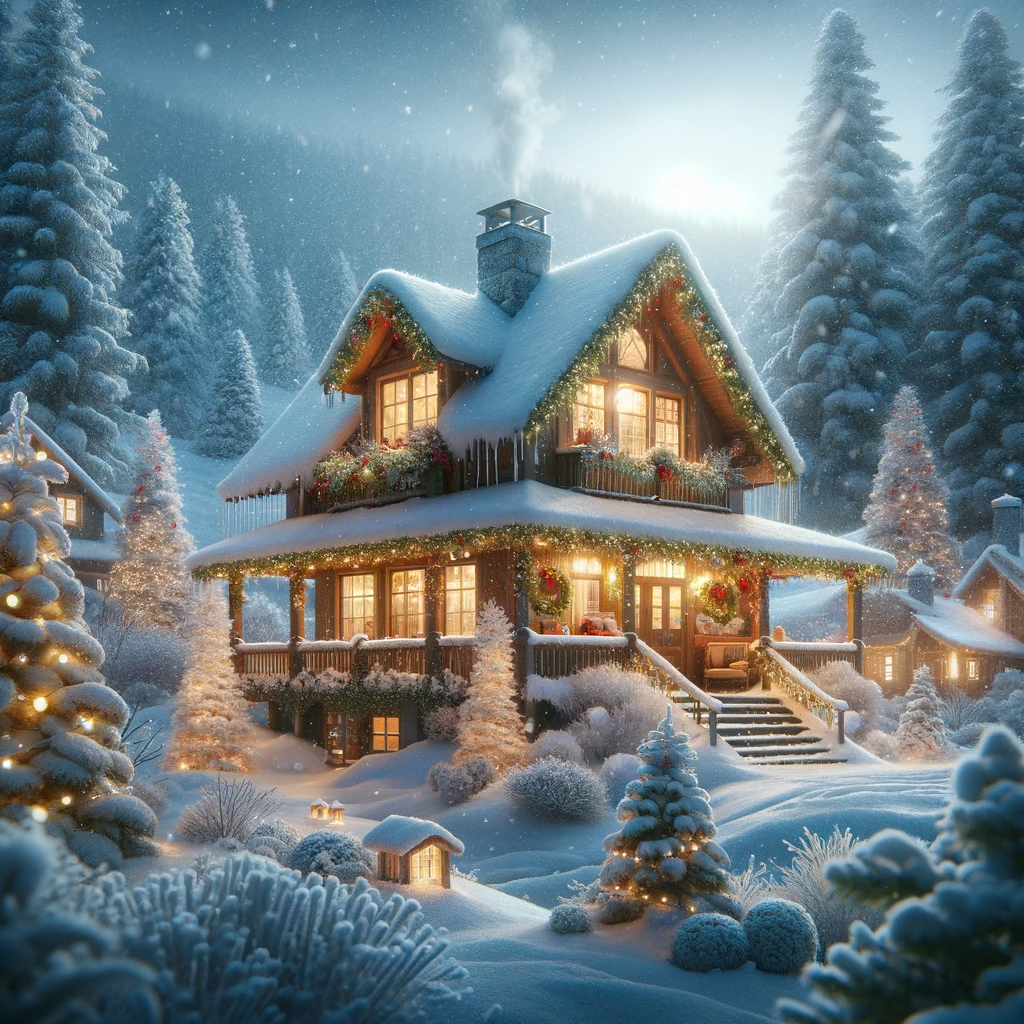 A cozy house in a winter wonderland with Christmas decoration